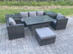 Fimous 6 Seater Rattan Garden Furniture Set Patio Outdoor Rectangular Dining Table Lounge Sofa Chair With 2 Side Table Stool - thumbnail 2
