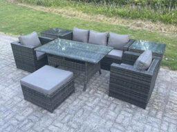Fimous 6 Seater Rattan Garden Furniture Set Patio Outdoor Rectangular Dining Table Lounge Sofa Chair With 2 Side Table Stool - thumbnail 1