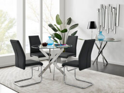 Furniturebox Novara Clear Tempered Glass 100Cm Round Dining Table With Chrome Starburst Legs & 4 Black Lorenzo Faux Leather Chairs - thumbnail 1
