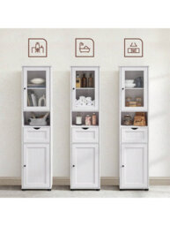 Vasagle Tall Bathroom Cabinet Free Standing, Slim Bathroom Cupboard, With Open Shelf, Glass Door, Water-Resistant Feet - thumbnail 8