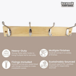 Keypak Coat Rack Wall Mounted Polished Chrome 4 Double Hooks - Solid Pine Rack 45Cm Clothes Hanger For Hallway, Bedroom, Bathroom - thumbnail 2