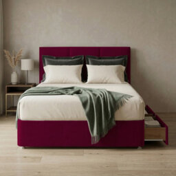 Slumbre Alton Plush Velvet Divan Bed, Headboard - 4Ft6 Double - Burgundy - 2 Drawers Foot End