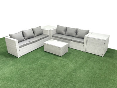 Fimous Garden Outdoor Pe Rattan Furniture Set 6 Seater Rattan Garden Sofa Set 2 Side Tables Light Grey - image 1