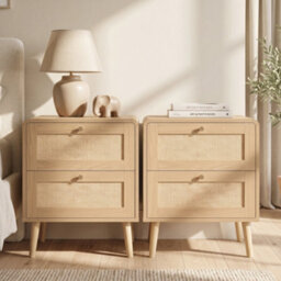 Btm Set Of 2 Bedside Tables With 2 Drawers, Rattan Effect Nightstands, Natural Oak Finish, Rounded Corners And Raised Legs - thumbnail 2
