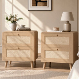 Btm Set Of 2 Bedside Tables With 2 Drawers, Rattan Effect Nightstands, Natural Oak Finish, Rounded Corners And Raised Legs