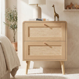 Btm Set Of 2 Bedside Tables With 2 Drawers, Rattan Effect Nightstands, Natural Oak Finish, Rounded Corners And Raised Legs - thumbnail 3