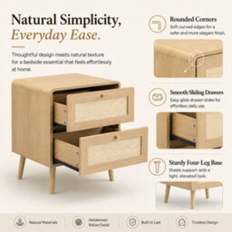 Btm Set Of 2 Bedside Tables With 2 Drawers, Rattan Effect Nightstands, Natural Oak Finish, Rounded Corners And Raised Legs - thumbnail 7