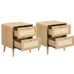 Btm Set Of 2 Bedside Tables With 2 Drawers, Rattan Effect Nightstands, Natural Oak Finish, Rounded Corners And Raised Legs - thumbnail 9