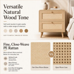 Btm Set Of 2 Bedside Tables With 2 Drawers, Rattan Effect Nightstands, Natural Oak Finish, Rounded Corners And Raised Legs - thumbnail 8