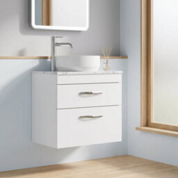 Balterley Millwich Contemporary 2 Drawer Wall Hung Vanity Unit With Laminate Carrara Marble Worktop, Gloss White, 600mm - thumbnail 3