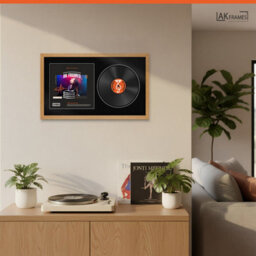 "30X17"" Oak Modern Vinyl Record Frame With Black Mount For 12 Inch Lp Album Cover & Disc - Ak Frames" - thumbnail 5
