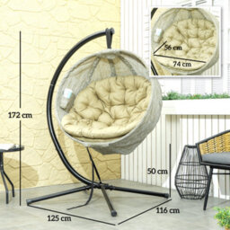 Outsunny Hanging Egg Chair Outdoor Indoor Swing Chair, Folding Basket, Khaki - thumbnail 3