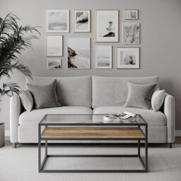 Urbn-Living Urbnliving Height 45Cm Rustic Oak Colour Glass Display Top Coffee Table With Steel Frame Reversible Wooden Storage Shelf