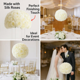 Sandra Chaircovers Rose Ball Collection, 50Cm Diameter, Artificial Silk Rose Ball Centrepiece, Single, Ivory, Silk Flowers - thumbnail 5