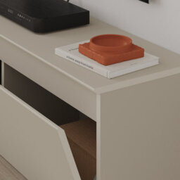 Decortie Modern Tv Stand Unit 120Cm With Soft-Close Drop-Down Door Non-Handle Design & Storage Space, Living Room, Sandstone - thumbnail 4