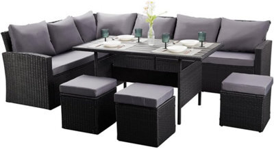 Nustone L-Shaped Corner Rattan Garden Furniture Lounge Dining Set For Seating 8 People In Black - image 1