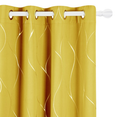 Deconovo Eyelet Blackout Curtains, Thermal Insulated Silver Wave Line Foil Printed Curtains, W46 X L72 Inch, Mellow Yellow, 1 Pair - image 1