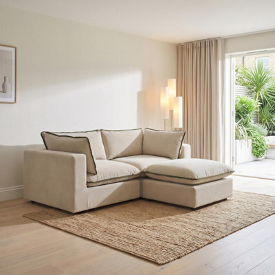 Furniturebox Uk Echo Cream & Green Linen-Look Trim Fabric 2 Seater Modular Chaise Sofa - image 1