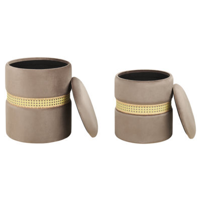 Wyld And Coco Set Of 2 Velvet Storage Pouffes Cream Taupe With Rattan Bands - Round, No Assembly - image 1