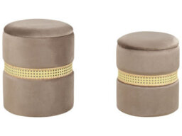 Wyld And Coco Set Of 2 Velvet Storage Pouffes Cream Taupe With Rattan Bands - Round, No Assembly - thumbnail 3