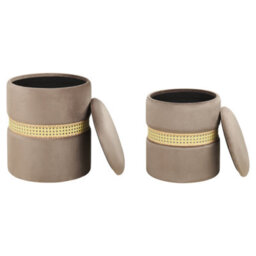 Wyld And Coco Set Of 2 Velvet Storage Pouffes Cream Taupe With Rattan Bands - Round, No Assembly - thumbnail 1