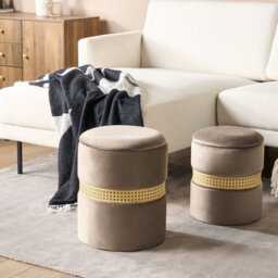 Wyld And Coco Set Of 2 Velvet Storage Pouffes Cream Taupe With Rattan Bands - Round, No Assembly - thumbnail 2