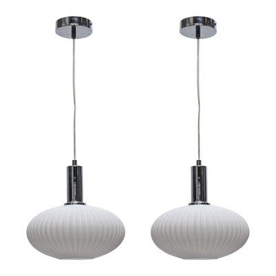 First Choice Lighting Set Of 2 Baton - White Ribbed Oval Glass Chrome Deco Pendant Fittings - image 1