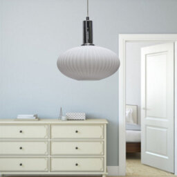 First Choice Lighting Set Of 2 Baton - White Ribbed Oval Glass Chrome Deco Pendant Fittings - thumbnail 5