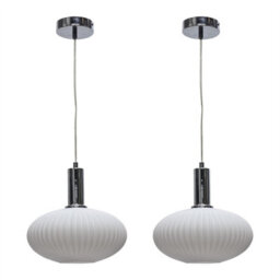 First Choice Lighting Set Of 2 Baton - White Ribbed Oval Glass Chrome Deco Pendant Fittings - thumbnail 1