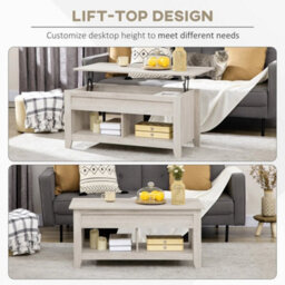 Lift Top Coffee Table W/ Hidden Storage Compartment & Shelves Oak - thumbnail 6