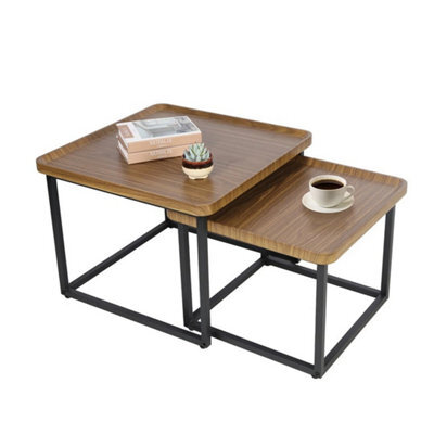 Set Of 2 Nesting Coffee Table Wood Grain Top Industrial Sofa End Accent Table - image 1