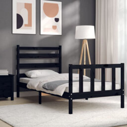 Berkfield Bed Frame With Headboard Black Small Single Solid Wood - thumbnail 4
