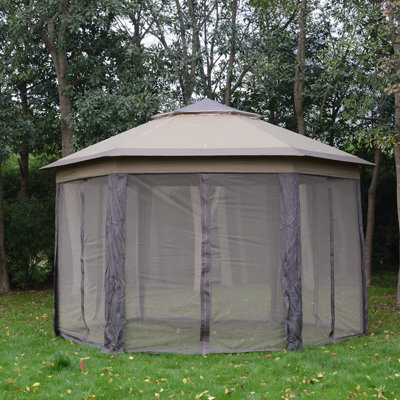 Outsunny 3X4M Hexagon Gazebo W/ Mesh Curtains Outdoor Garden, Beige - image 1