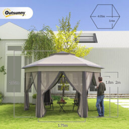 Outsunny 3X4M Hexagon Gazebo W/ Mesh Curtains Outdoor Garden, Beige - thumbnail 3