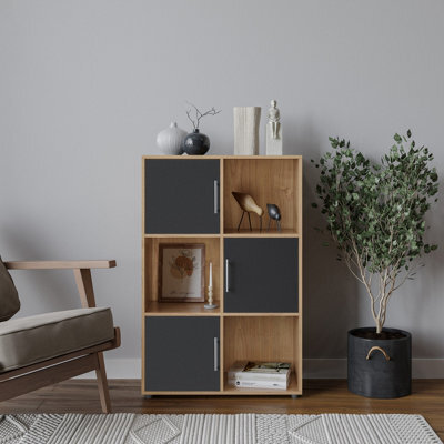 Urbn-Living Urbnliving 91Cm Height 6 Cube Bookcase Oak Wood Black Door Metal Handle Display Storage Shelf - image 1