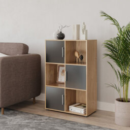 Urbn-Living Urbnliving 91Cm Height 6 Cube Bookcase Oak Wood Black Door Metal Handle Display Storage Shelf - thumbnail 2