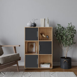 Urbn-Living Urbnliving 91Cm Height 6 Cube Bookcase Oak Wood Black Door Metal Handle Display Storage Shelf
