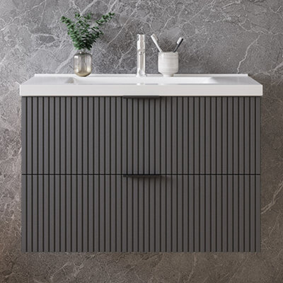 Sline 790mm Wall Mounted Anthracite Bathroom Vanity Unit With Ceramic Basin,2 Soft Close Drawers For Storage,flat Packed - image 1