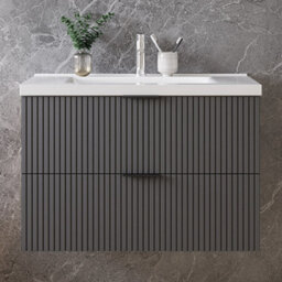 Sline 790mm Wall Mounted Anthracite Bathroom Vanity Unit With Ceramic Basin,2 Soft Close Drawers For Storage,flat Packed - thumbnail 1
