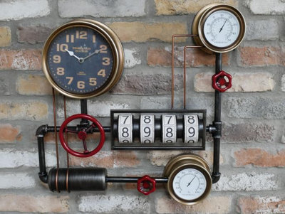 My Square Mile Industrial Steampunk Pipe Metal Gear Wall Clock With Faux Temperature Dial Display (Industrial Clock (Faux Digit Counters)) - image 1