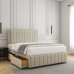 REGIONAL FURNISHINGS Cream Plush Velvet Divan Bed Set Upholstered 24Inch Headboard & Footboard & 2Drawers Sameside & Mattress In All Sizes - thumbnail 1