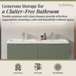 Balterley Fluted Wall Hung 2 Drawer Vanity Basin Unit With Double Polymarble Basin 1200mm - Satin Green - thumbnail 3