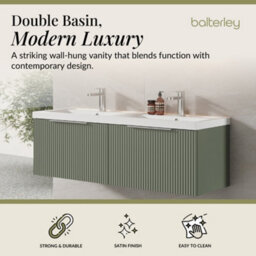 Balterley Fluted Wall Hung 2 Drawer Vanity Basin Unit With Double Polymarble Basin 1200mm - Satin Green - thumbnail 2