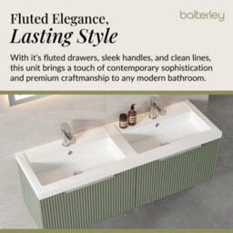 Balterley Fluted Wall Hung 2 Drawer Vanity Basin Unit With Double Polymarble Basin 1200mm - Satin Green - thumbnail 4