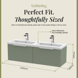 Balterley Fluted Wall Hung 2 Drawer Vanity Basin Unit With Double Polymarble Basin 1200mm - Satin Green - thumbnail 5