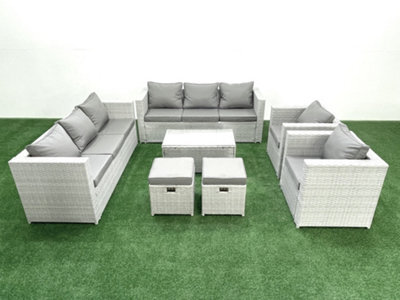 Fimous Outdoor Rattan Sofa Garden Furniture Set 2 Armchairs Oblong Coffee Table 2 Small Stools Light Grey - image 1