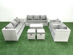 Fimous Outdoor Rattan Sofa Garden Furniture Set 2 Armchairs Oblong Coffee Table 2 Small Stools Light Grey - thumbnail 2