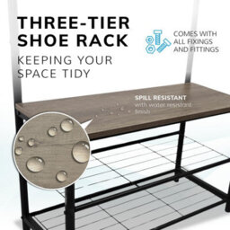 House Of Home Coat Rack Stand With Shoe Storage Bench 9 Hooks Rustic Light Brown Entrance Hall - thumbnail 4