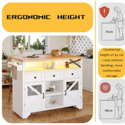 Abrihome Multifunctional Mobile Kitchen Island Cart - With App-Controlled Led, Drop-Leaf Table, 3 Drawers & 2 Doors, Bar Sideboard, White - thumbnail 2