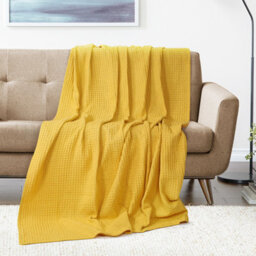 Ehc Chunky & Soft Extra Large Cotton Waffle Throw, King Size, 225 X 250 Cm - Yellow - thumbnail 3